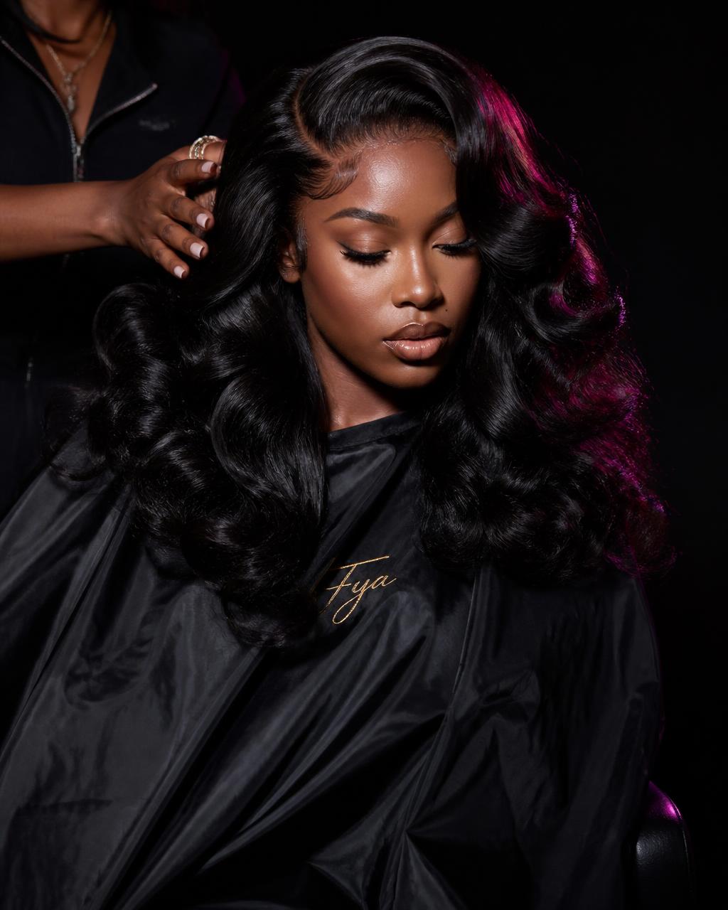 Body-wave wig install styled with voluminous curls