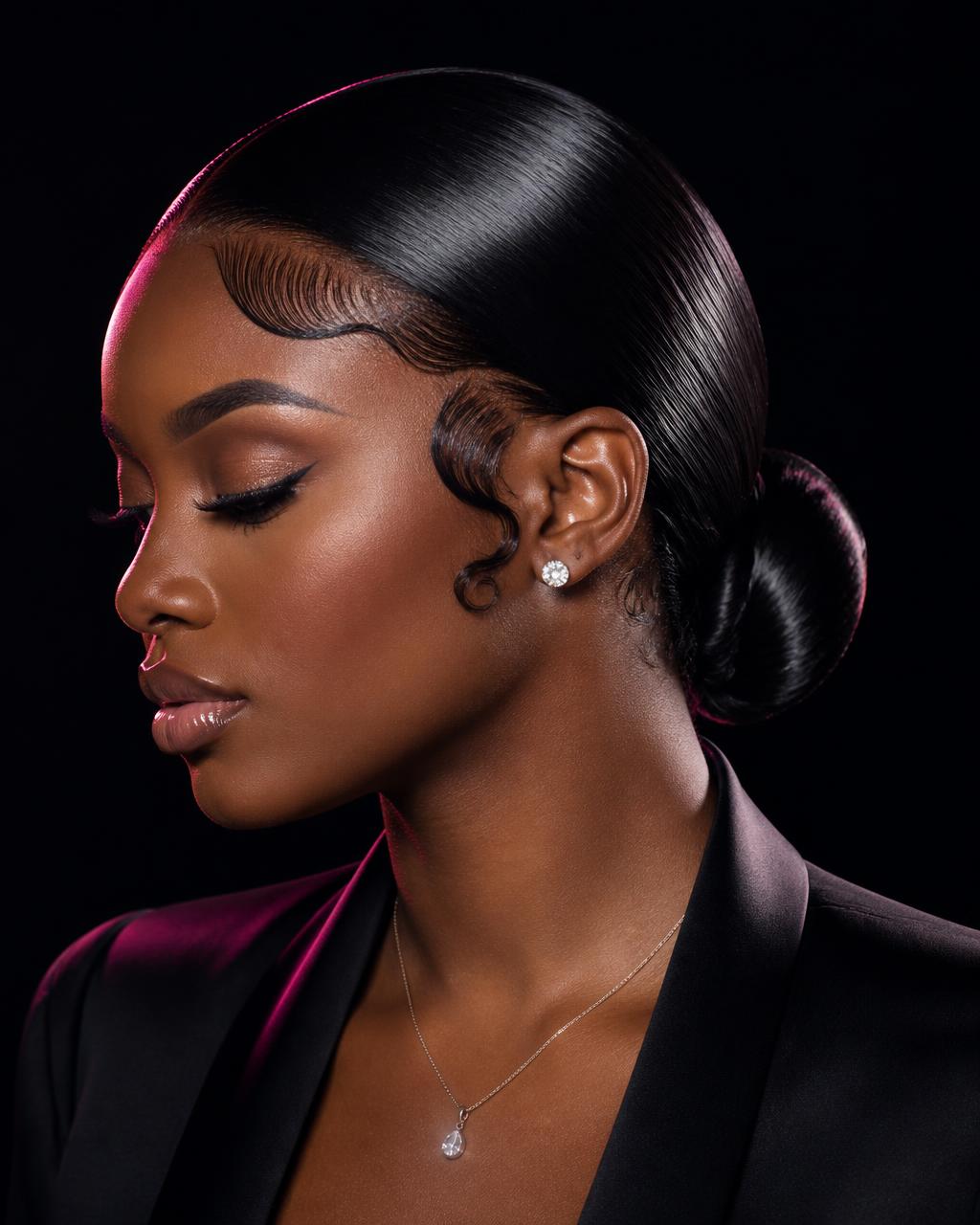 Sleek glueless install styled into a polished low bun