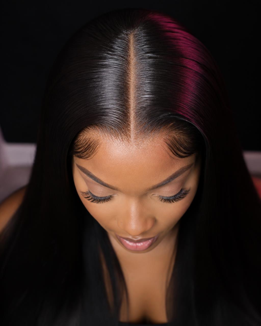 Closure wig install with a defined middle part