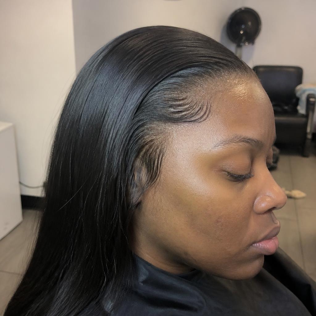 Client with a glueless lace wig install styled bone straight