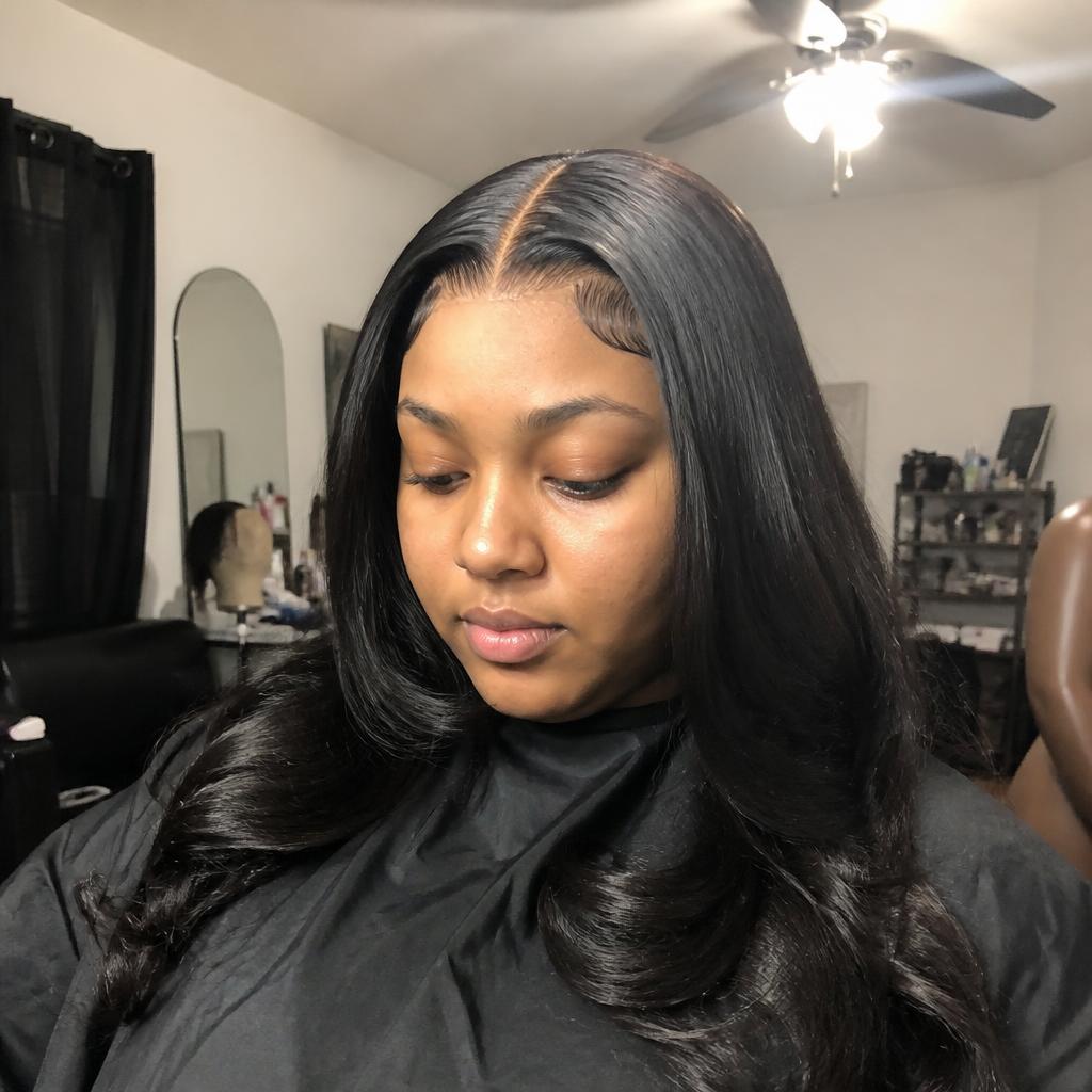 Client with a traditional lace frontal install and a middle part